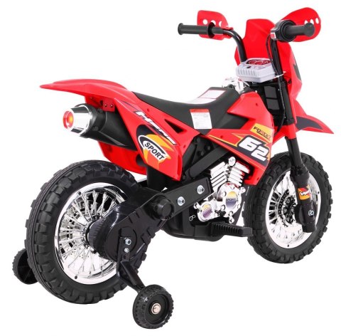 Motorek Cross dla dzieci Pojazd na akumulator Czerwony + Pomocnicze kółka + Dźwięki LED Motorek Cross dla dzieci Pojazd na akumulator Czerwony + Pomocnicze kółka + Dźwięki LED