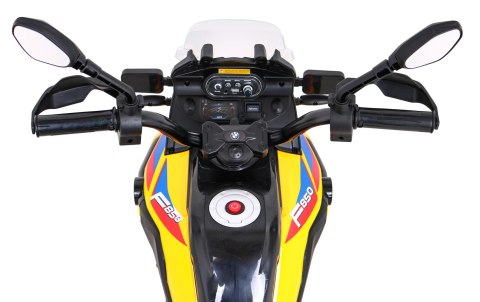 Motor BMW F850 GS na akumulator dla dzieci Żółty + Kółka pomocnicze + Audio LED + Wolny Start + EVA Motor BMW F850 GS na akumulator dla dzieci Żółty + Kółka pomocnicze + Audio LED + Wolny Start + EVA