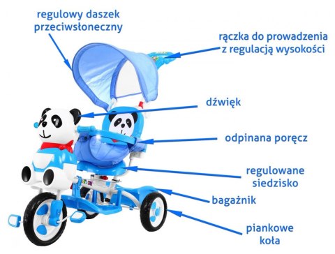 3-kołowy Rowerek dla dzieci Panda Niebieski + Dźwięki + Daszek + Barierka + Podnóżek + Rączka + Schowek 3-kołowy Rowerek dla dzieci Panda Niebieski + Dźwięki + Daszek + Barierka + Podnóżek + Rączka + Schowek