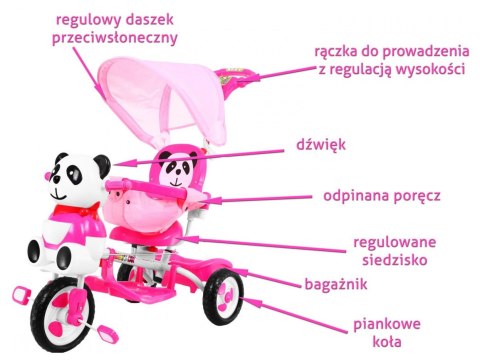 3-kołowy Rowerek dla dzieci Panda Różowy + Dźwięki + Daszek + Barierka + Podnóżek + Rączka + Schowek 3-kołowy Rowerek dla dzieci Panda Różowy + Dźwięki + Daszek + Barierka + Podnóżek + Rączka + Schowek