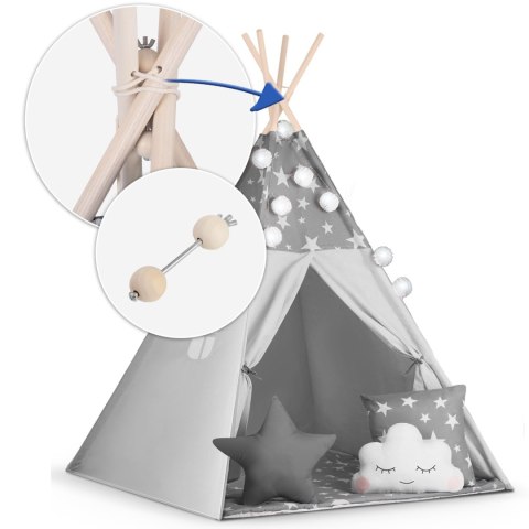 Namiot tipi dla dzieci z girlandą i światełkami Nukido - szare w gwiazdki Nukido Namiot tipi dla dzieci z girlandą i światełkami Nukido - szare w gwiazdki Nukido