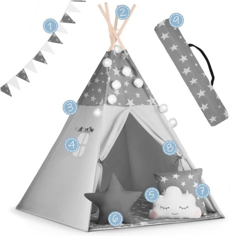 Namiot tipi dla dzieci z girlandą i światełkami Nukido - szare w gwiazdki Nukido Namiot tipi dla dzieci z girlandą i światełkami Nukido - szare w gwiazdki Nukido