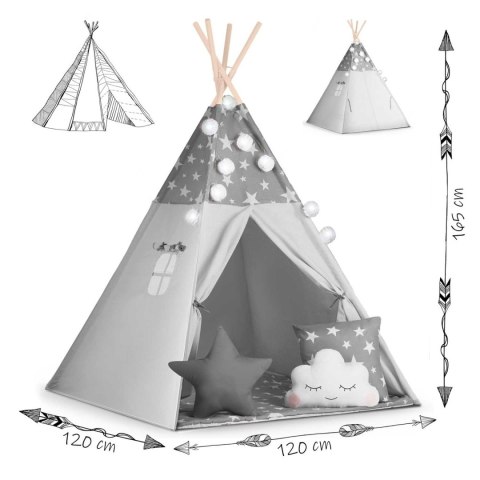 Namiot tipi dla dzieci z girlandą i światełkami Nukido - szare w gwiazdki Nukido Namiot tipi dla dzieci z girlandą i światełkami Nukido - szare w gwiazdki Nukido