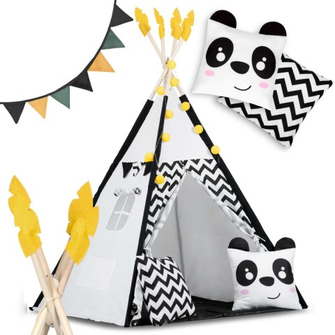 Namiot tipi dla dzieci z girlandą i światełkami Nukido biało czarny z pandą Nukido Namiot tipi dla dzieci z girlandą i światełkami Nukido biało czarny z pandą Nukido