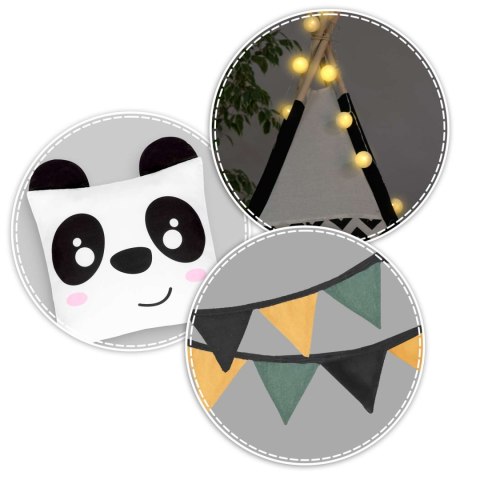 Namiot tipi dla dzieci z girlandą i światełkami Nukido biało czarny z pandą Nukido Namiot tipi dla dzieci z girlandą i światełkami Nukido biało czarny z pandą Nukido