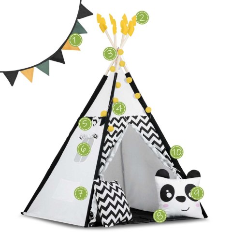 Namiot tipi dla dzieci z girlandą i światełkami Nukido biało czarny z pandą Nukido Namiot tipi dla dzieci z girlandą i światełkami Nukido biało czarny z pandą Nukido