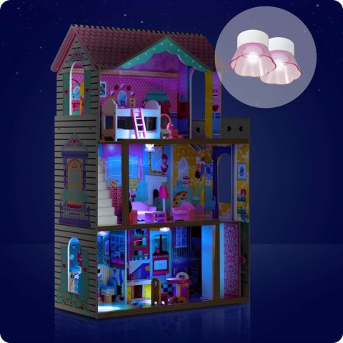Drewniany domek dla lalek duży 3-piętrowy z windą i lampką LED Ricokids Drewniany domek dla lalek duży 3-piętrowy z windą i lampką LED Ricokids