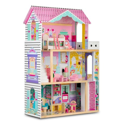 Drewniany domek dla lalek duży 3-piętrowy z windą i lampką LED Ricokids Drewniany domek dla lalek duży 3-piętrowy z windą i lampką LED Ricokids