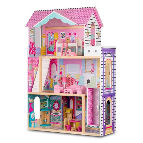 Drewniany domek dla lalek duży 3-piętrowy z windą i lampką LED Ricokids Drewniany domek dla lalek duży 3-piętrowy z windą i lampką LED Ricokids