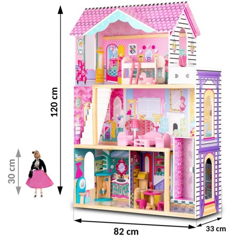 Drewniany domek dla lalek duży 3-piętrowy z windą i lampką LED Ricokids Drewniany domek dla lalek duży 3-piętrowy z windą i lampką LED Ricokids