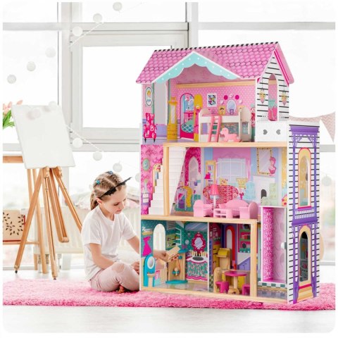 Drewniany domek dla lalek duży 3-piętrowy z windą i lampką LED Ricokids Drewniany domek dla lalek duży 3-piętrowy z windą i lampką LED Ricokids