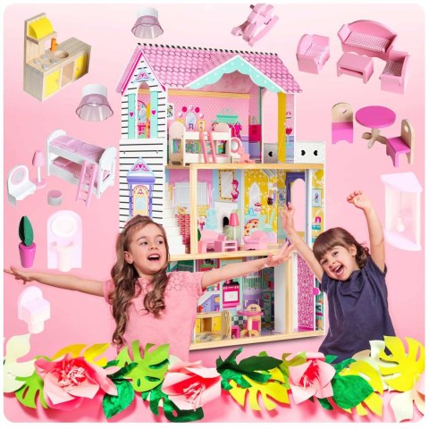 Drewniany domek dla lalek duży 3-piętrowy z windą i lampką LED Ricokids Drewniany domek dla lalek duży 3-piętrowy z windą i lampką LED Ricokids
