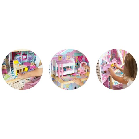 Drewniany domek dla lalek duży 3-piętrowy z windą i lampką LED Ricokids Drewniany domek dla lalek duży 3-piętrowy z windą i lampką LED Ricokids
