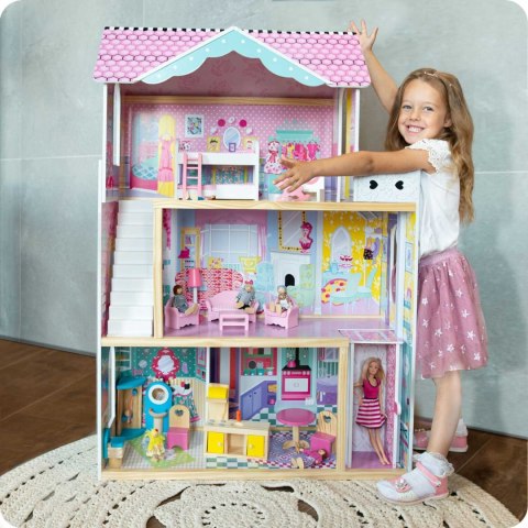 Drewniany domek dla lalek duży 3-piętrowy z windą i lampką LED Ricokids Drewniany domek dla lalek duży 3-piętrowy z windą i lampką LED Ricokids