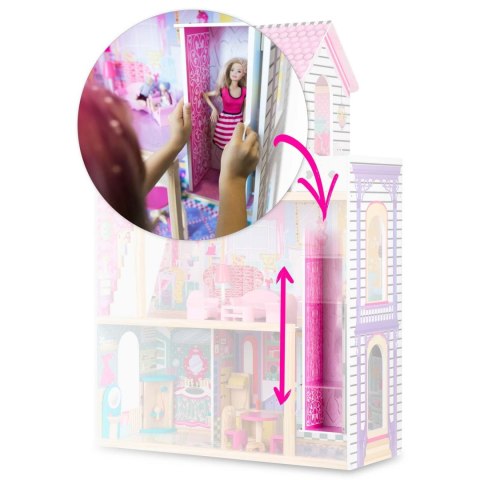 Drewniany domek dla lalek duży 3-piętrowy z windą i lampką LED Ricokids Drewniany domek dla lalek duży 3-piętrowy z windą i lampką LED Ricokids
